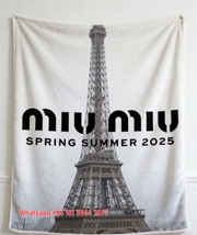 Miumiu Misty Grey Beige Eiffel Tower Flannel Sofa Throw Blanket – Printed Paris SS25 Design IMG_0564